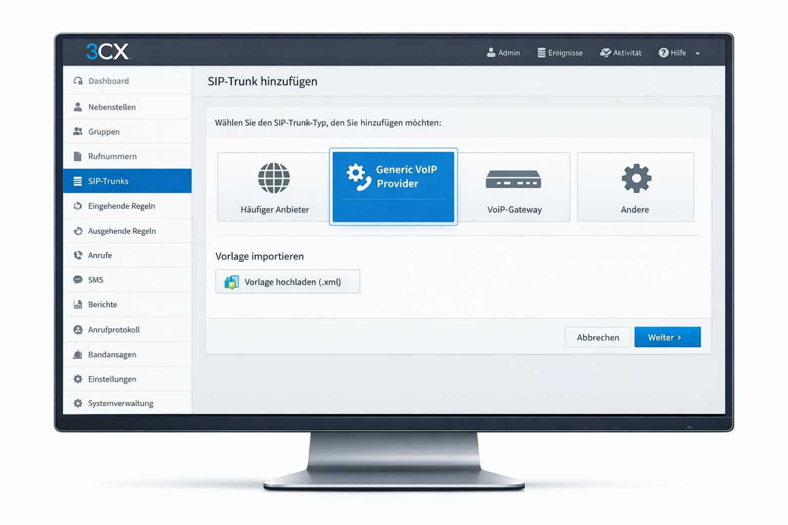 3CX-Verwaltungskonsole zeigt Einrichtung eines Sipgate SIP-Trunks mit Import-Option für Provider-Template.
