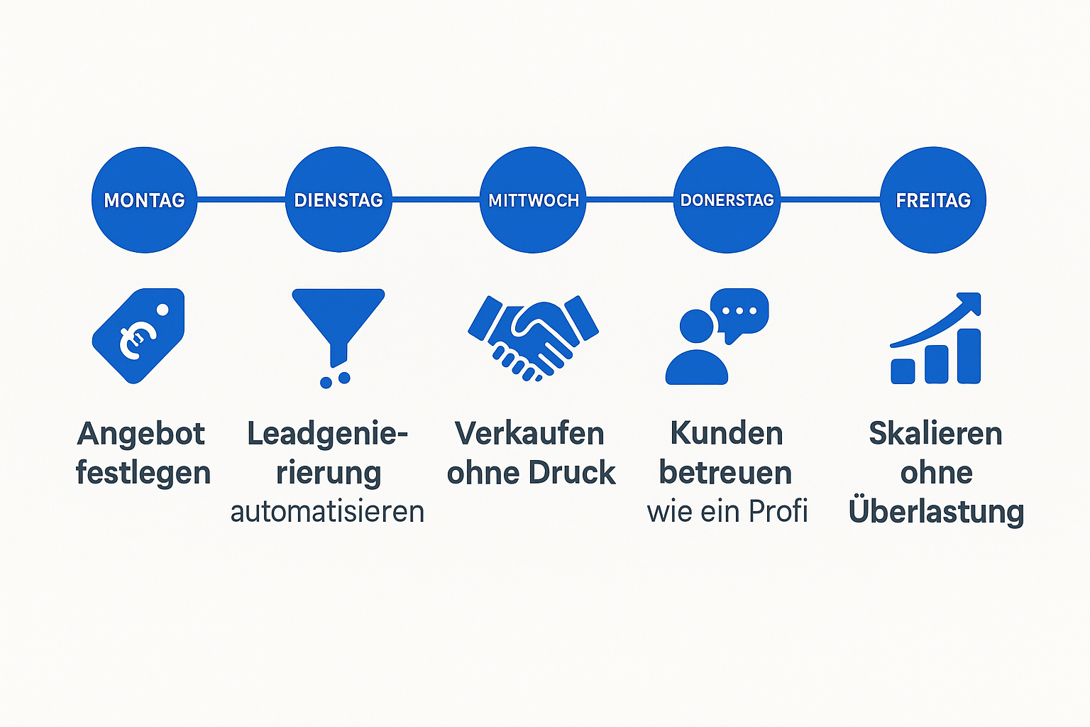 Infografik zur HighLevel 5-Tage-Challenge mit täglicher Schritt-für-Schritt-Anleitung zur automatisierten Kundengewinnung