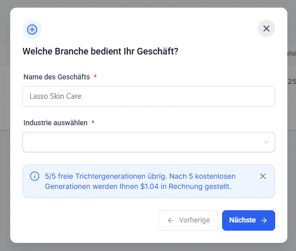 GoHighLevel-Oberfläche mit Eingabemaske zur Auswahl der Branche und Eingabe des Geschäftsnamens für die Funnel-Erstellung. Hinweis auf verbleibende kostenlose Funnel-Generierungen sichtbar.