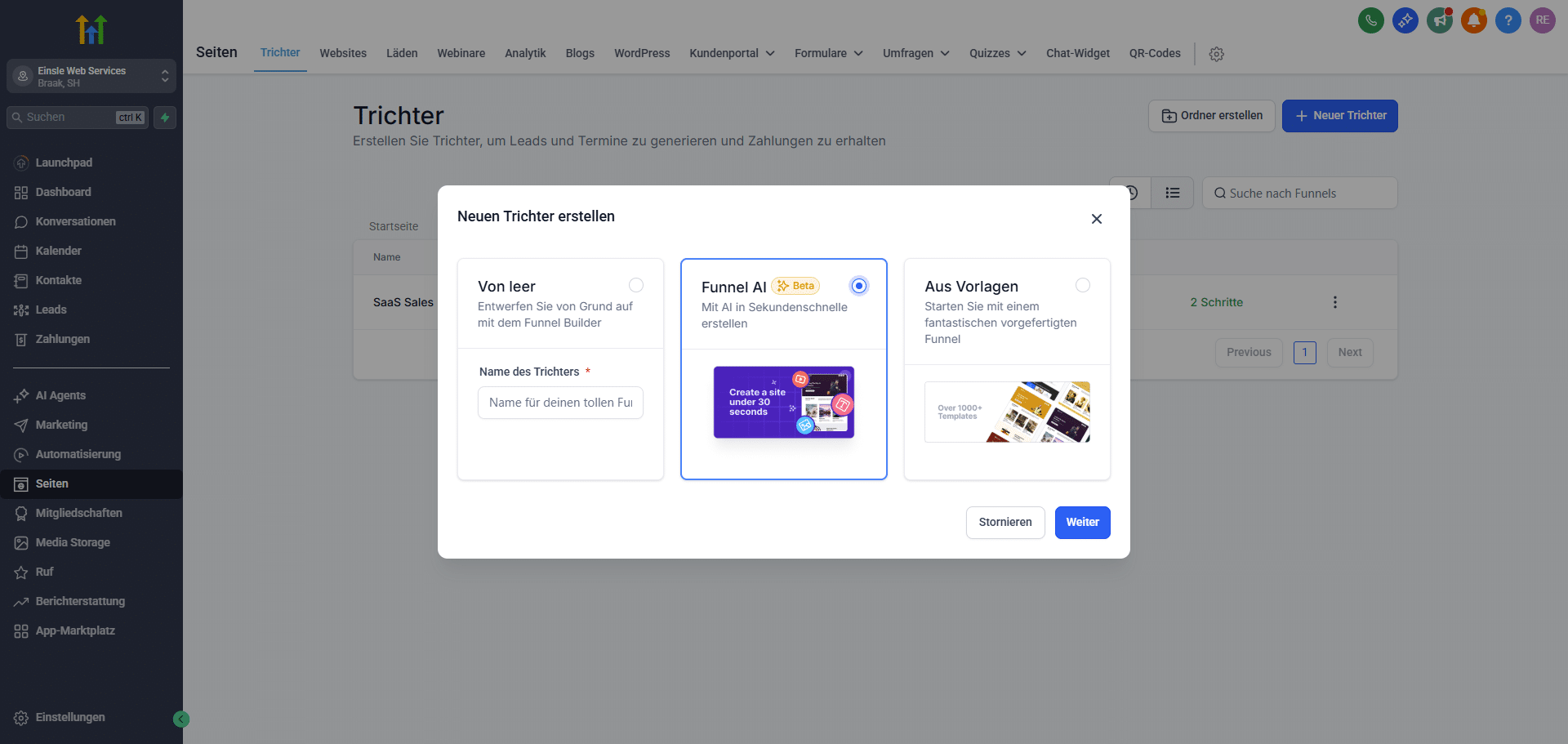 Benutzeroberfläche von GoHighLevel beim Erstellen eines neuen Funnels mit drei Auswahlmöglichkeiten: Funnel von Grund auf erstellen, mit Funnel AI (Beta) automatisch generieren oder aus einer Vorlage starten.