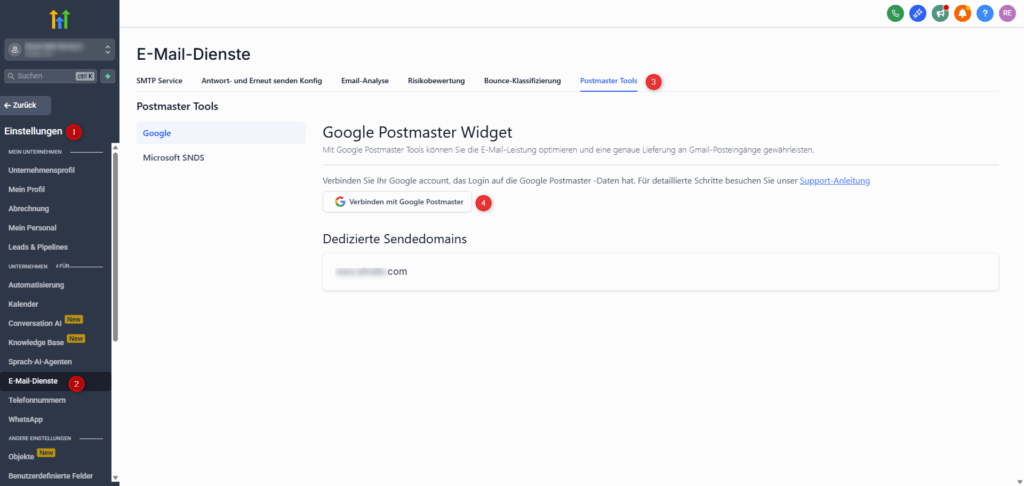 Screenshot der GoHighLevel Plattform im Bereich „E-Mail-Dienste“ mit geöffnetem Tab „Postmaster Tools“. Zu sehen ist das Google Postmaster Widget, die Option zur Verbindung mit dem Google-Konto und eine dedizierte Sendedomain.