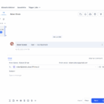 GoHighLevel-Konversationsansicht mit geöffneter E-Mail-Kommunikation eines Kontakts. Links die Navigation, in der Mitte die Nachrichtenvorschau und rechts die Kontaktinformationen mit Automatisierungsoptionen.