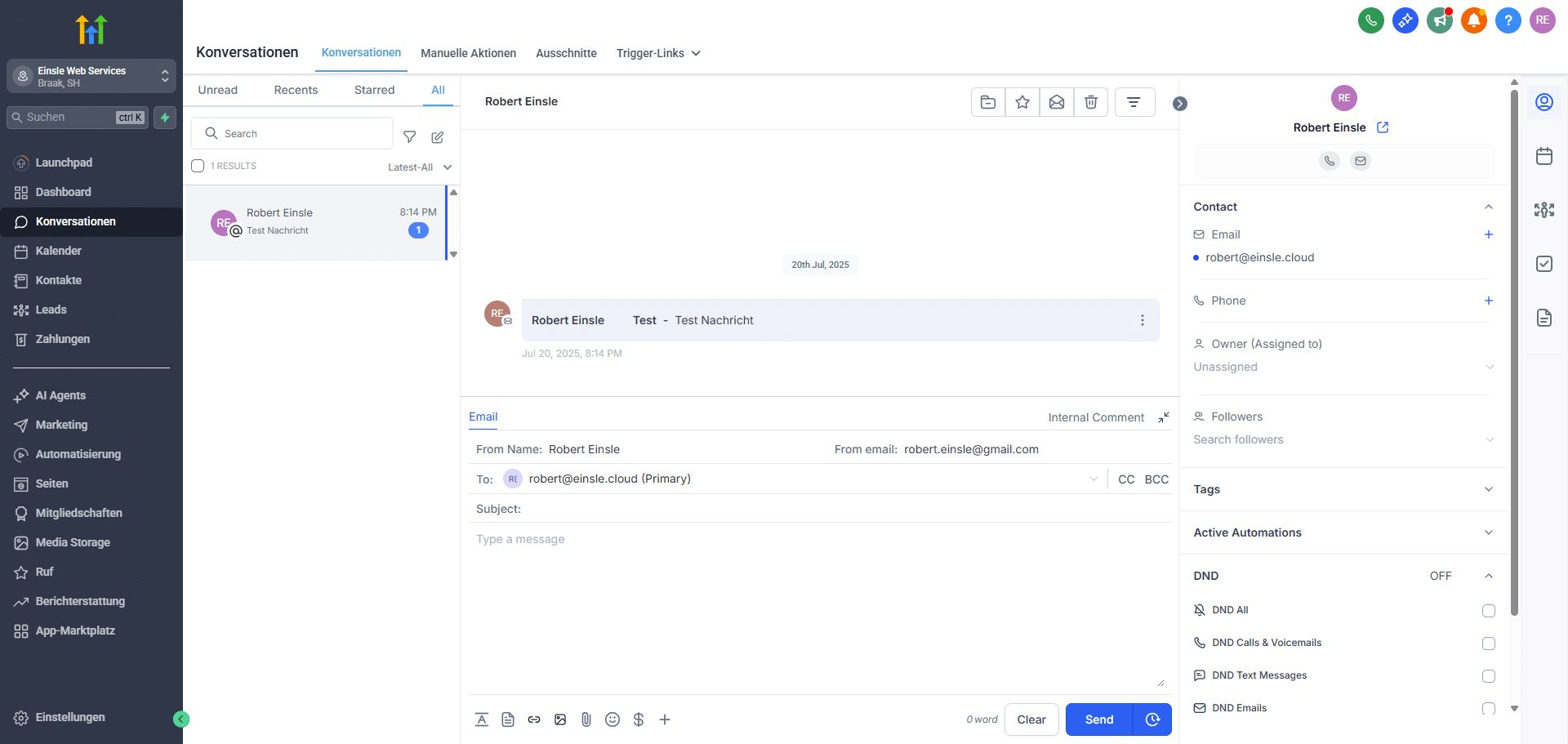 GoHighLevel-Konversationsansicht mit geöffneter E-Mail-Kommunikation eines Kontakts. Links die Navigation, in der Mitte die Nachrichtenvorschau und rechts die Kontaktinformationen mit Automatisierungsoptionen.