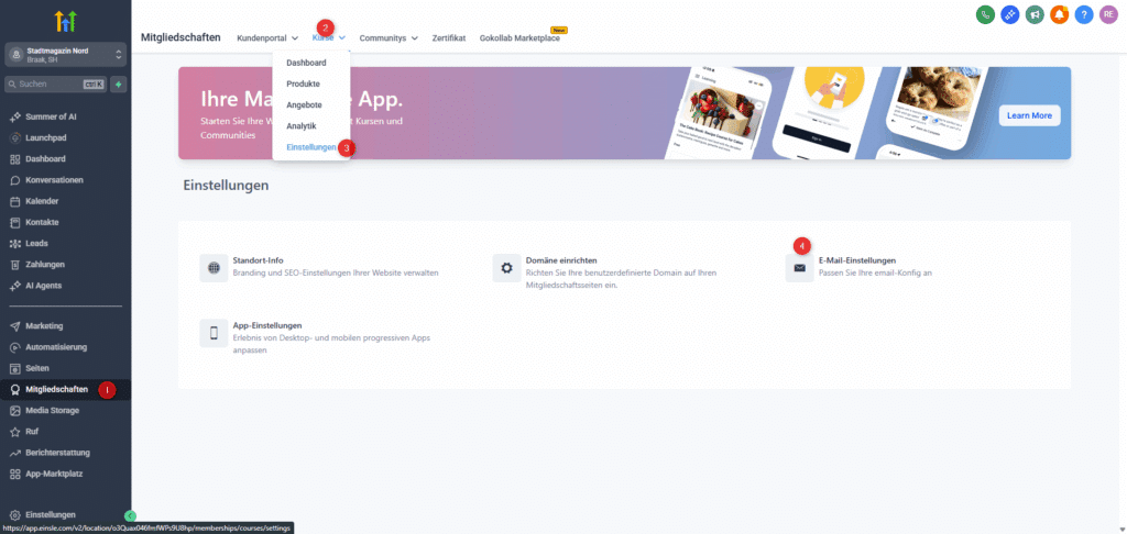 Screenshot des Mitgliederbereichs in GoHighLevel mit geöffnetem „Kurse“-Dropdown-Menü und sichtbaren Einstellungen wie Standort-Info, Domäne einrichten, App-Einstellungen und E-Mail-Einstellungen.