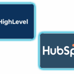 HighLevel und HubSpot Logos nebeneinander, verbunden durch ein hellblaues Rahmen-Design.
