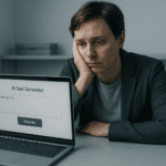 Marketer mit AI-Burnout sitzt erschöpft vor Laptop mit geöffnetem Textgenerator