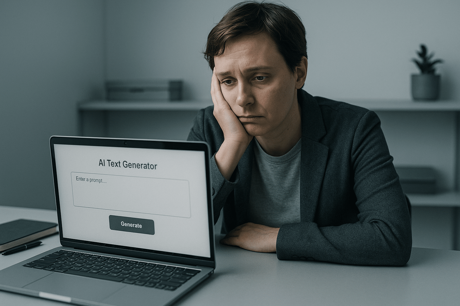 Marketer mit AI-Burnout sitzt erschöpft vor Laptop mit geöffnetem Textgenerator
