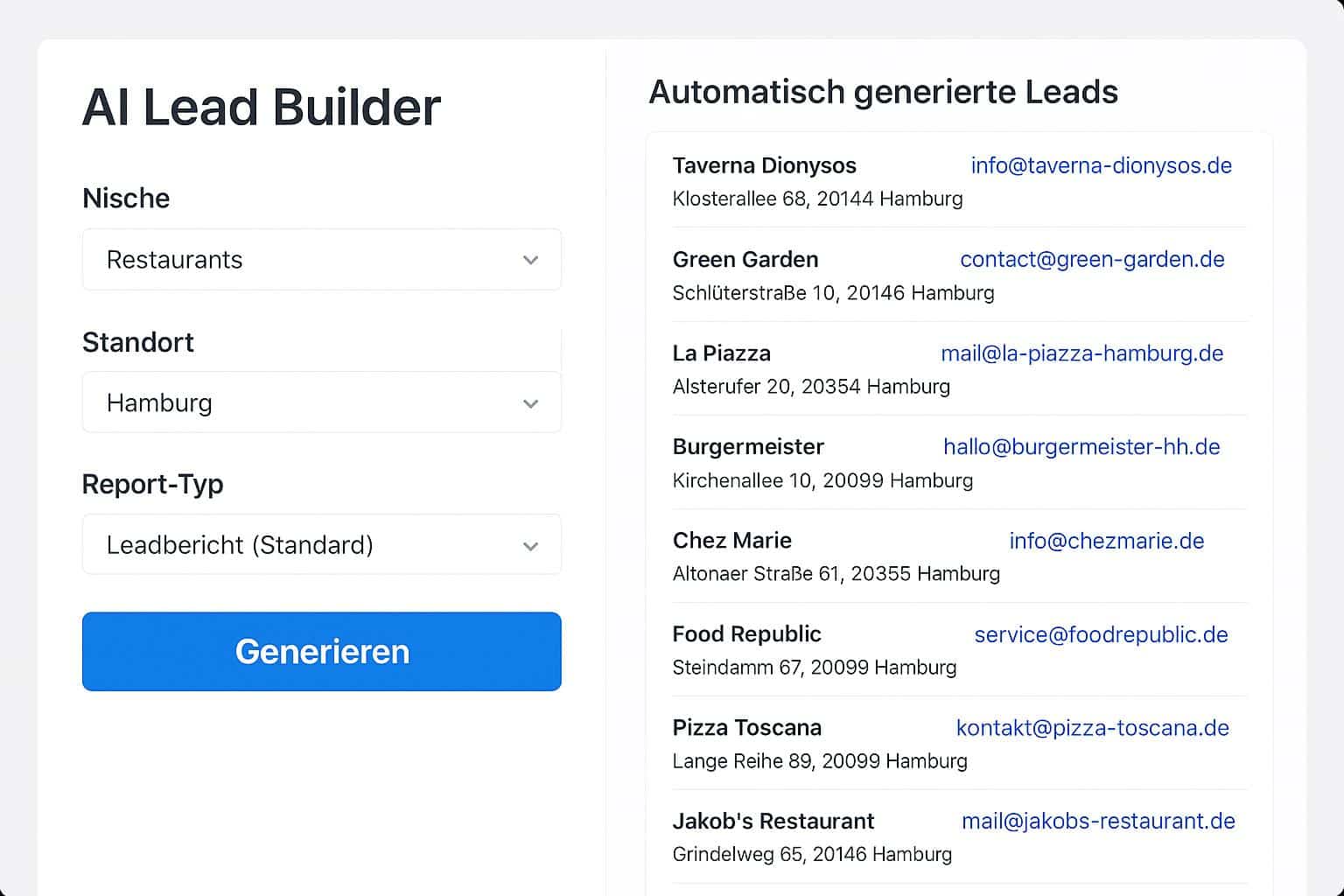 GoHighLevel AI Lead Builder Dashboard mit automatisch generierten Leads und Filteroptionen