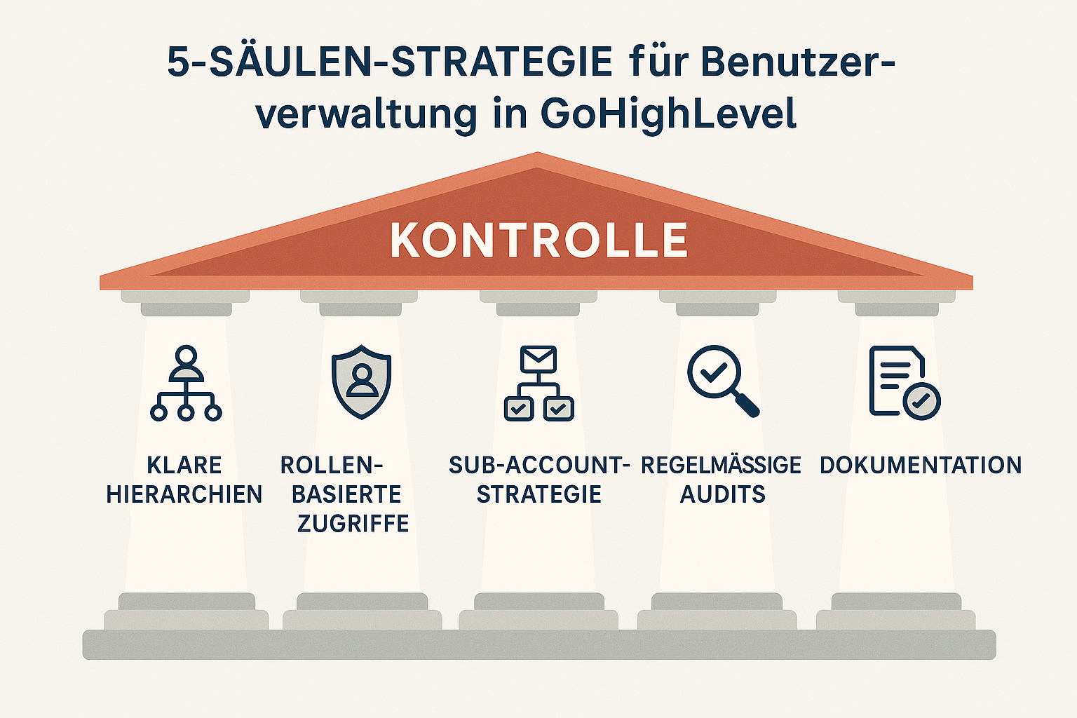 Infografik zur 5-Säulen-Strategie für die skalierbare Benutzerverwaltung in GoHighLevel mit klarer Struktur und Rollenverteilung