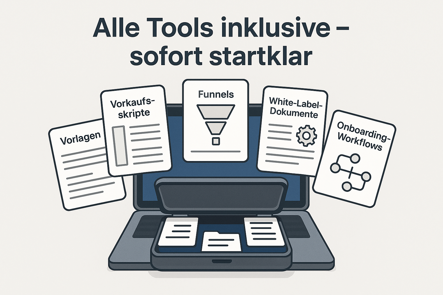 Visualisierung des Sales & Prospecting Toolkits mit fertigen Vorlagen, Funnels und Workflows aus der HighLevel Challenge