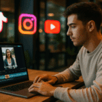Digitaler Marketer schneidet Kurzvideo für HighLevel Affiliate-Programm mit CapCut im modernen Workspace