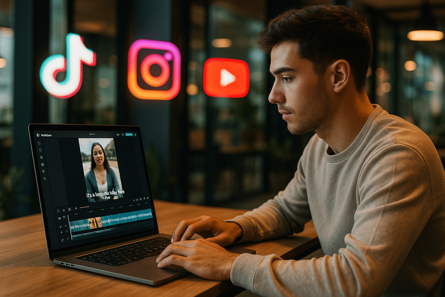 Digitaler Marketer schneidet Kurzvideo für HighLevel Affiliate-Programm mit CapCut im modernen Workspace