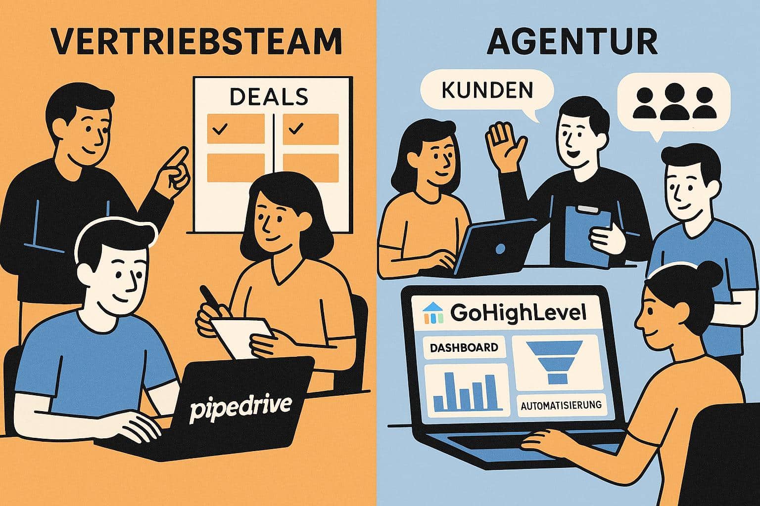 Visualisierung der typischen Anwendungsfälle für Pipedrive und GoHighLevel im Business-Alltag