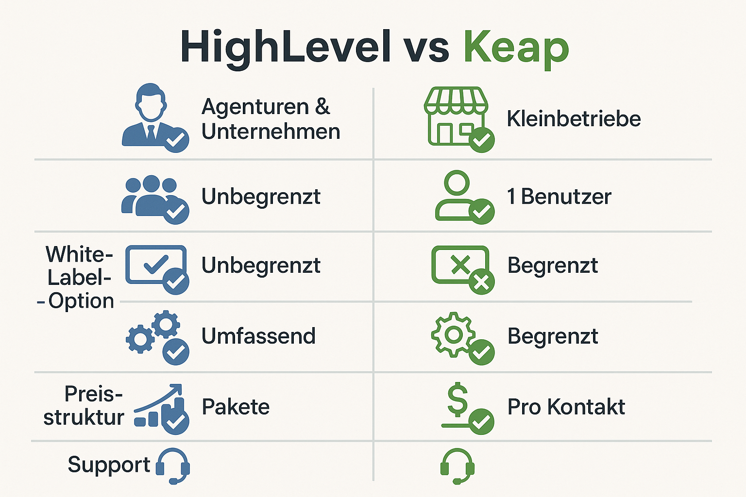 Funktionaler Vergleich von HighLevel und Keap in einer deutschsprachigen Infografik mit Fokus auf Automatisierung, Preis und White Label