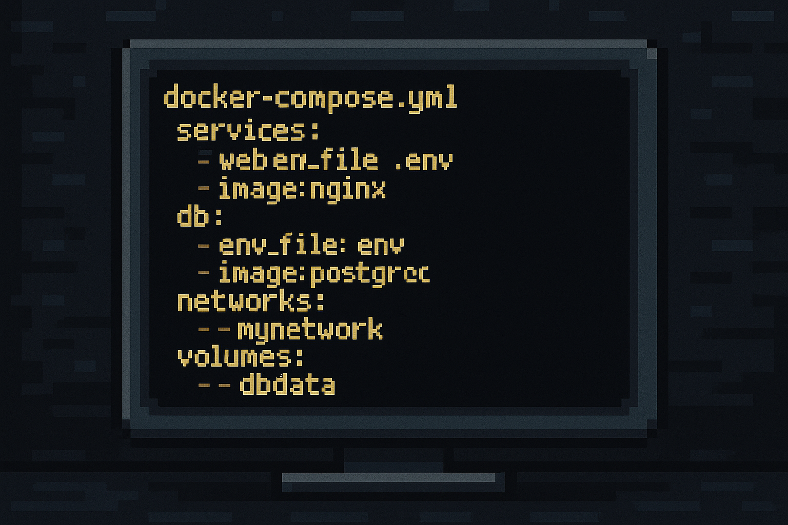 Illustration einer docker-compose.yml-Datei mit mehreren Services, Netzwerken und Volumes in einer modernen Entwicklerumgebung