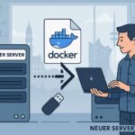 Illustration eines Docker-Container-Umzugs zwischen zwei Servern mit Hamburg-Bezug