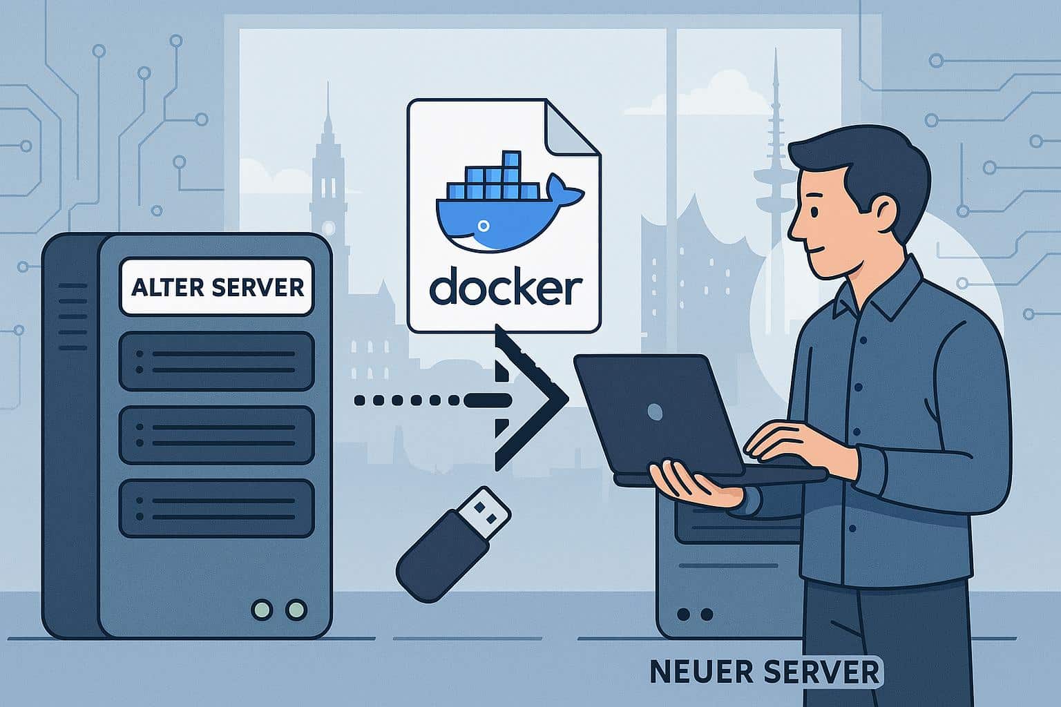 Illustration eines Docker-Container-Umzugs zwischen zwei Servern mit Hamburg-Bezug