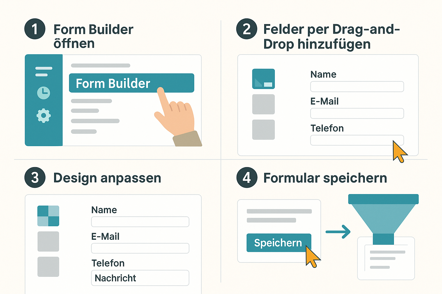 Schritt-für-Schritt-Grafik zur Erstellung eines Formulars in GoHighLevel mit Drag-and-Drop und Designanpassung