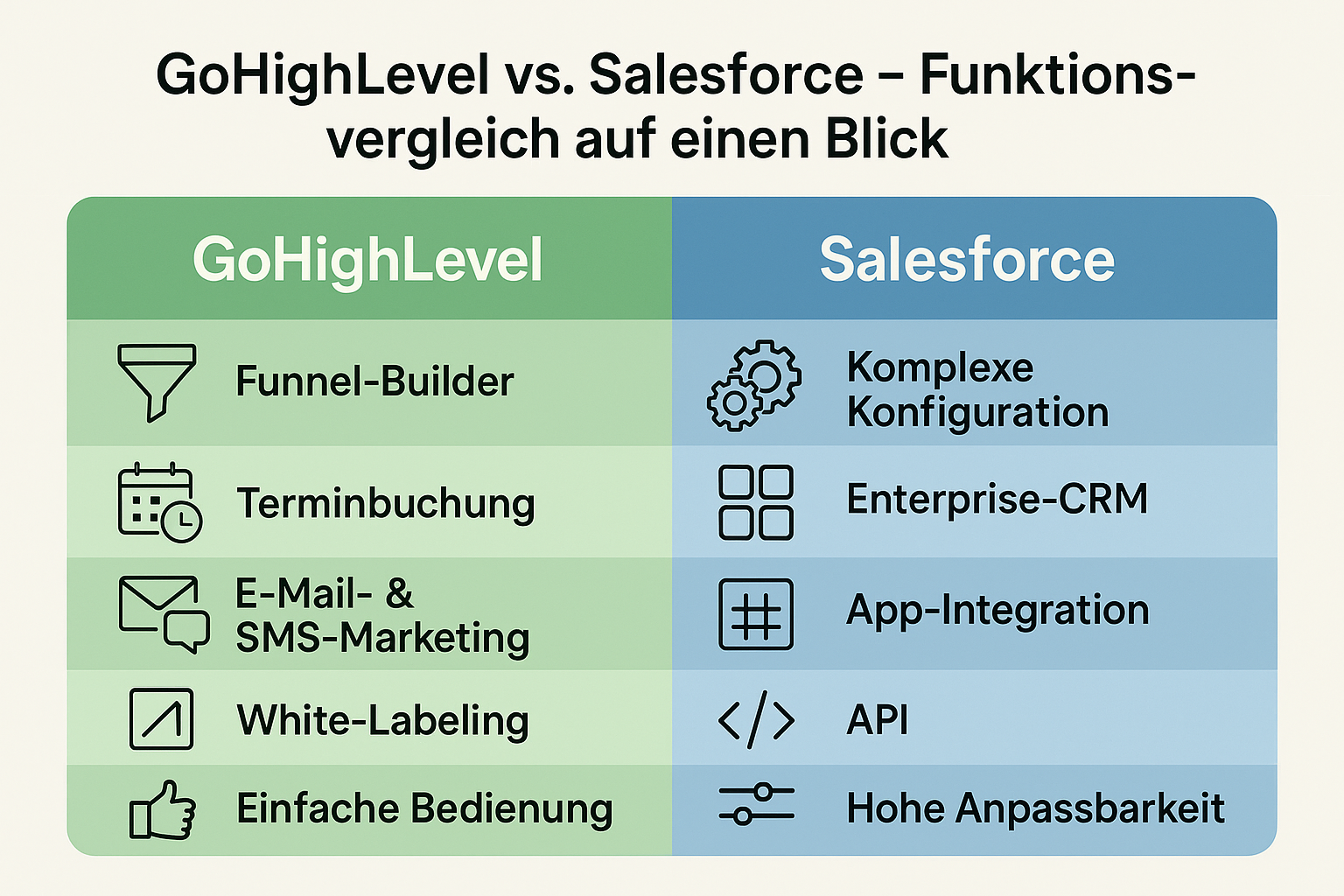 Infografik zum Vergleich der CRM-Funktionen von GoHighLevel und Salesforce auf Deutsch
