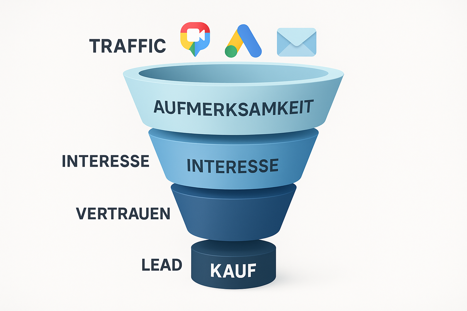 Grafik zeigt den typischen Funnel-Aufbau von Aufmerksamkeit bis Conversion im Online-Marketing mit GoHighLevel