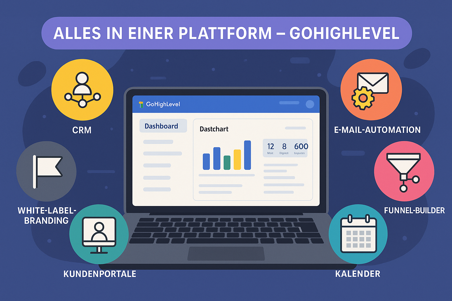Illustration der GoHighLevel-Plattform mit Funktionen wie CRM, Funnel-Builder, Automationen und Kundenportalen in einer All-in-One-Lösung