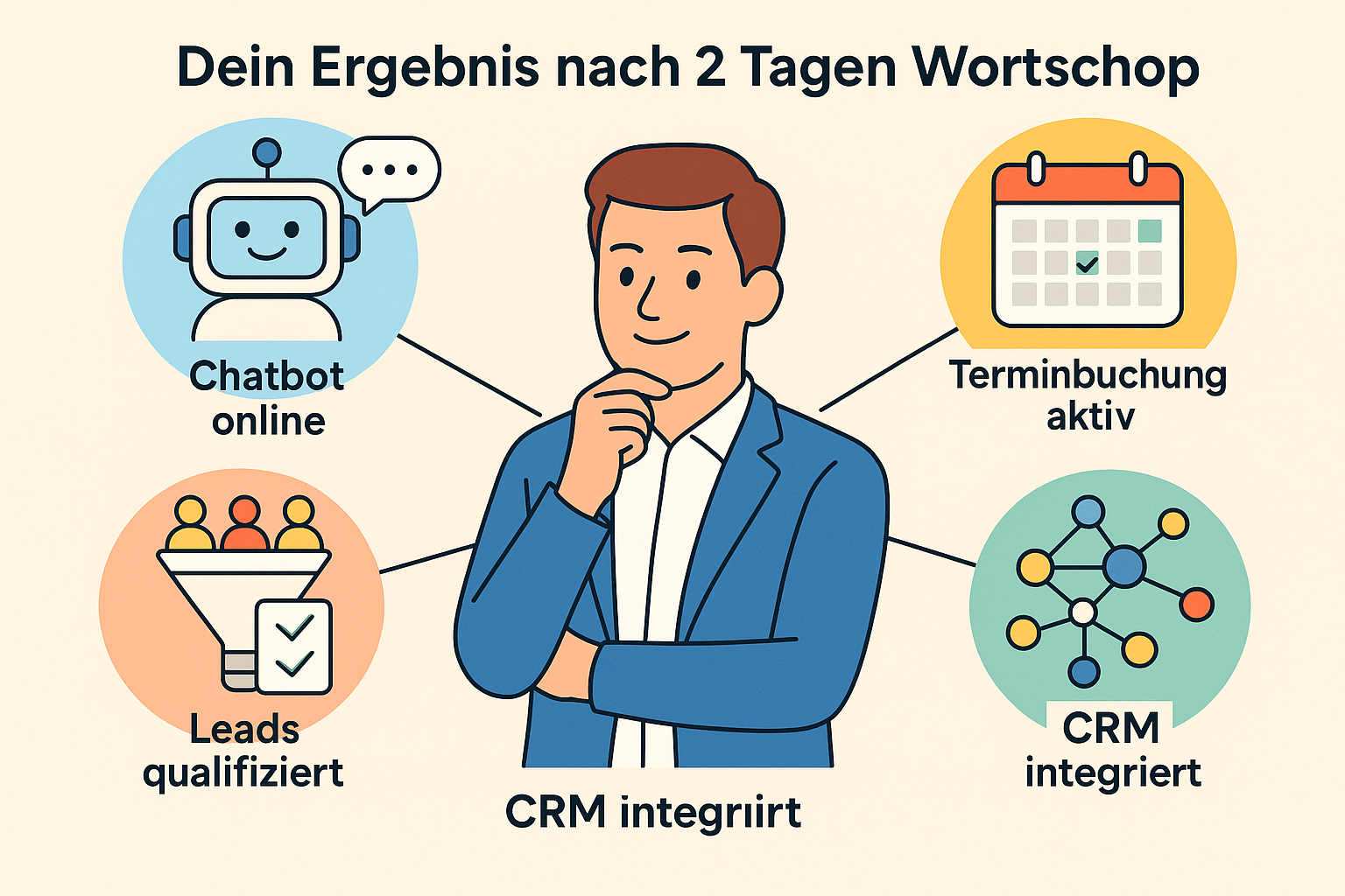 Darstellung der Ergebnisse nach dem KI-Chat-Workshop: einsatzbereiter Bot, Terminbuchung, CRM-Integration und Vorlagen