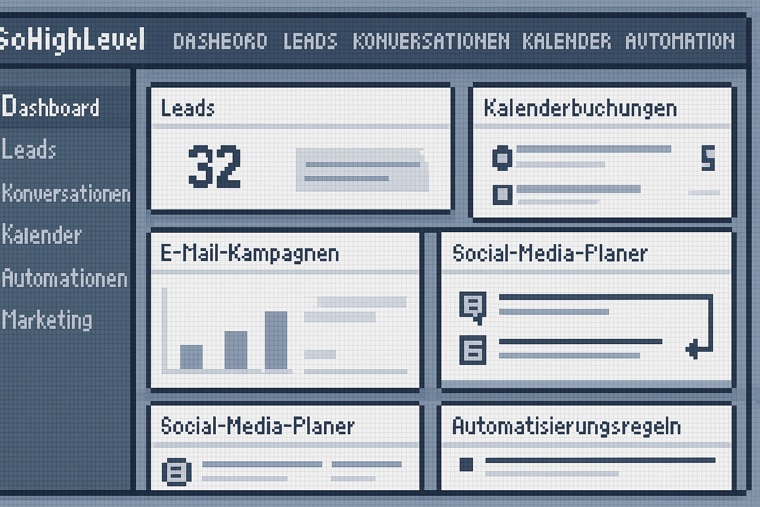 GoHighLevel Dashboard auf Deutsch mit CRM, E-Mail-Marketing, Kalender und Automatisierung für kleine Unternehmen