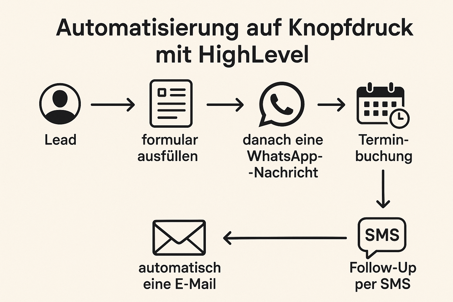 Visueller Automatisierungs-Workflow mit HighLevel über E-Mail, WhatsApp, SMS und Terminbuchung auf Deutsch erklärt