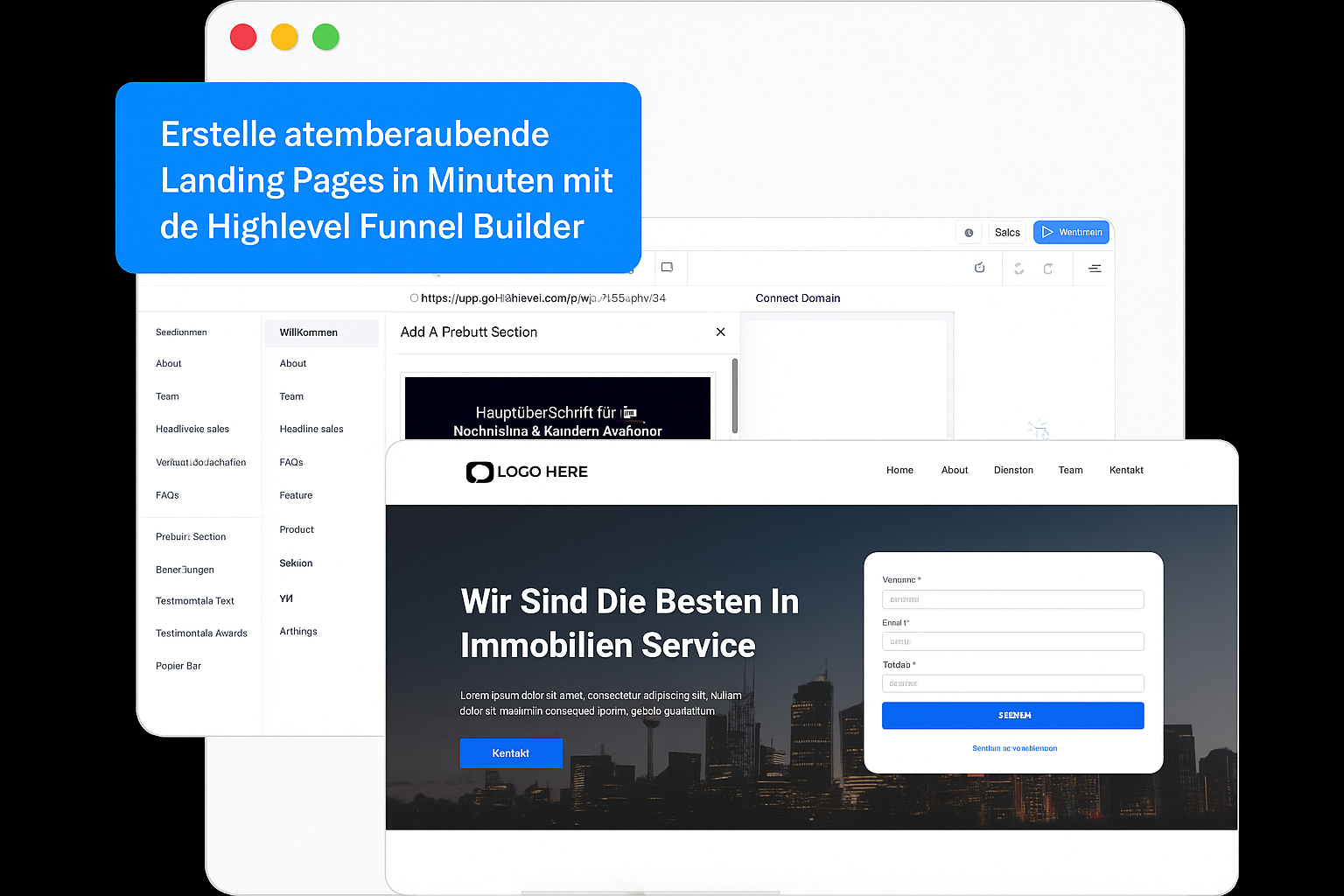 HighLevel Plattform zur Leadgenerierung mit Page Builder, Formularen und Online-Terminbuchung für Marketer