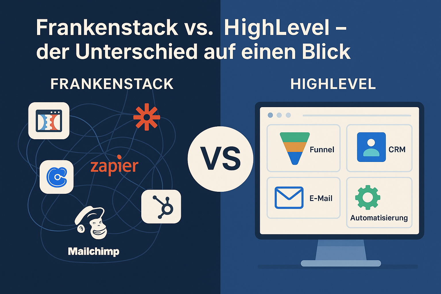Visualisierter Vergleich zwischen fragmentiertem Frankenstack und zentraler All-in-One-Plattform HighLevel für Agenturen