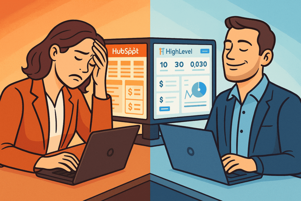 Illustration: Nutzererfahrung im Vergleich zwischen HighLevel und HubSpot aus Sicht von Agenturen und Freelancern