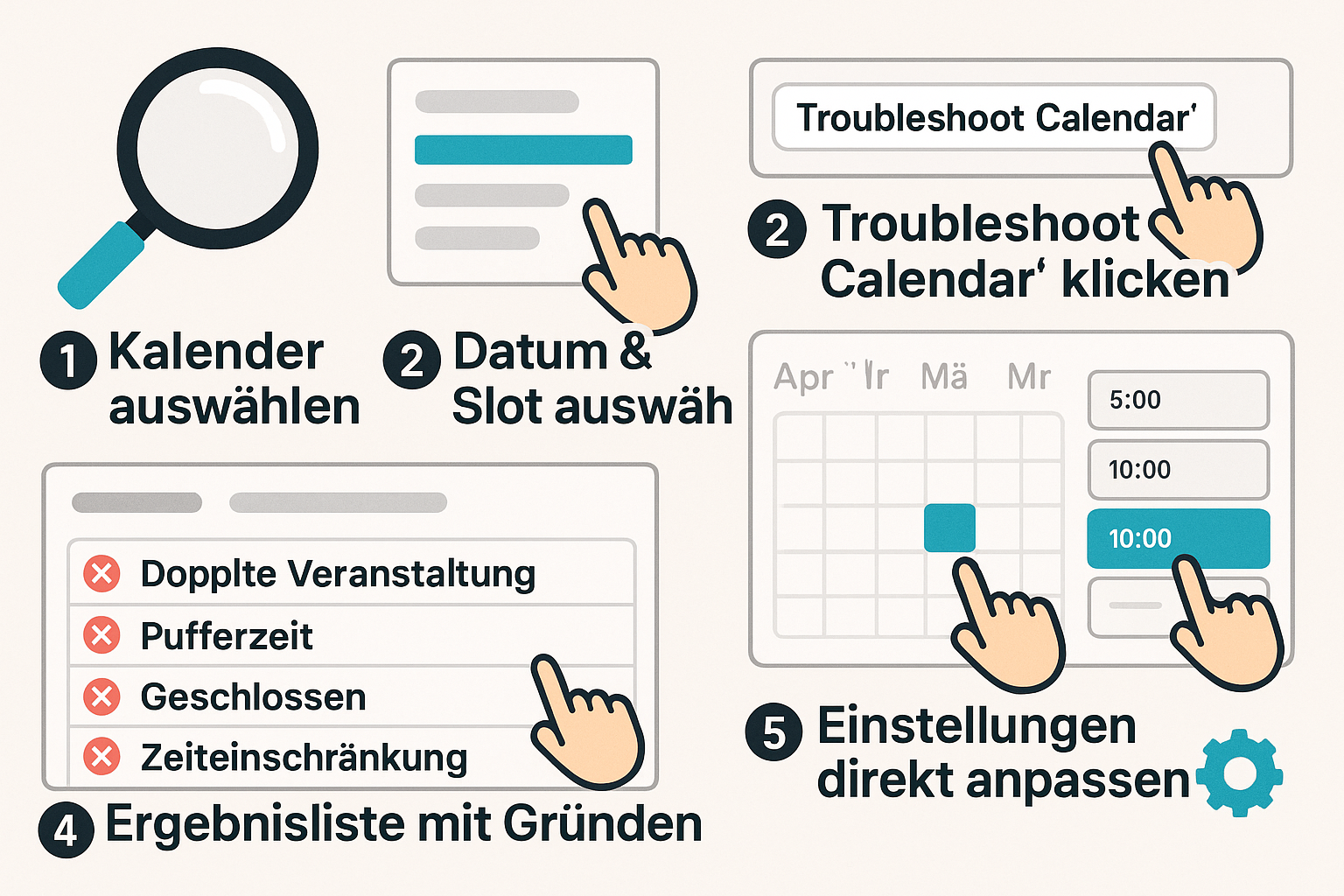 Schritt-für-Schritt-Grafik zur Nutzung des Troubleshooting-Tools im GoHighLevel-Kalender zur Diagnose verschwundener Slots