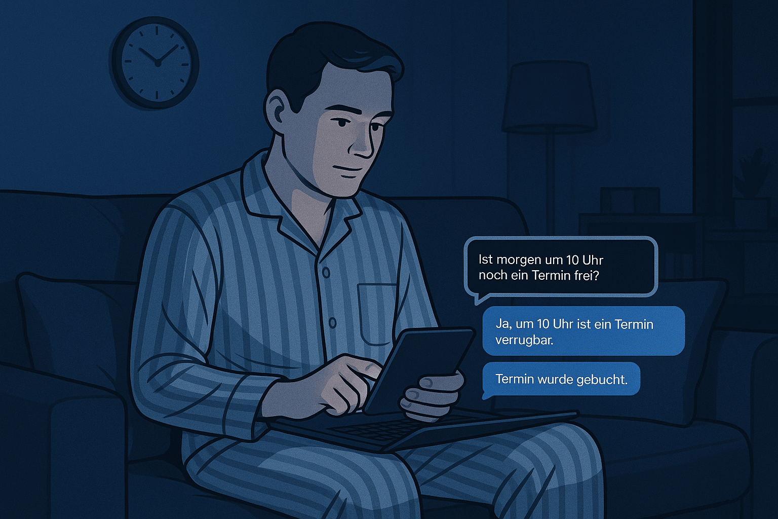 Illustration eines Interessenten, der nachts um 2:47 Uhr mit einem KI-Verkaufsagenten einen Termin bucht