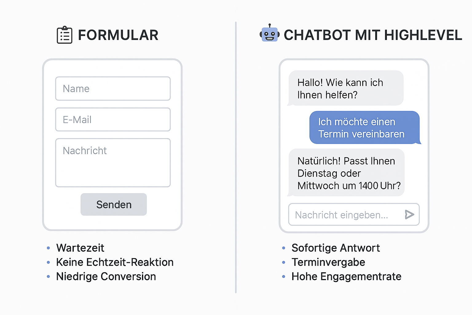 Vergleichsgrafik zwischen klassischem Kontaktformular und KI-Chatbot mit Vorteilen wie Echtzeit-Kommunikation und Terminvergabe