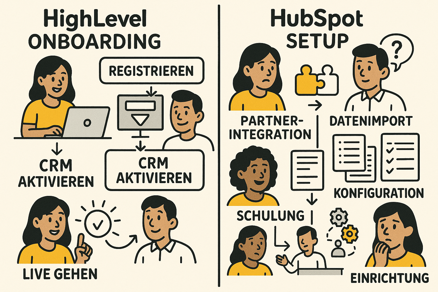Vergleich des Onboarding-Prozesses von HighLevel und HubSpot in einer deutschsprachigen Schritt-für-Schritt-Grafik