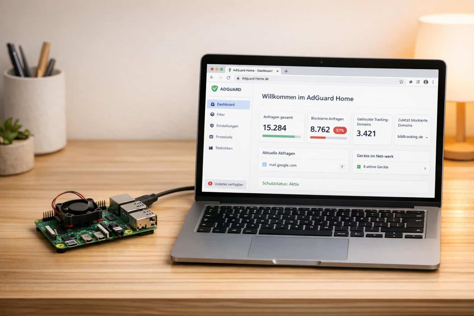 Raspberry Pi mit AdGuard Home Dashboard zur Einrichtung eines netzwerkweiten Werbeblockers