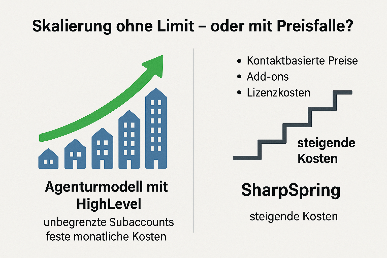 Deutschsprachige Vergleichsgrafik der Skalierbarkeit zwischen HighLevel und SharpSpring – Agenturwachstum mit oder ohne Limit