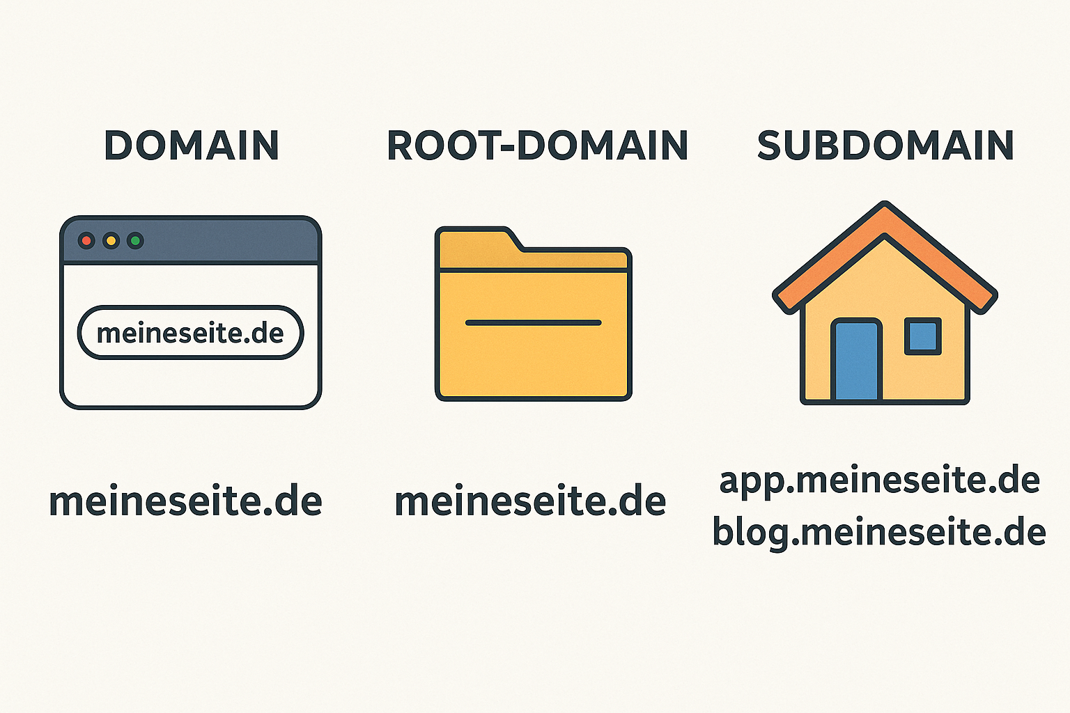 Infografik zeigt den Unterschied zwischen Domain, Root-Domain und Subdomain bei GoHighLevel mit Beispielen