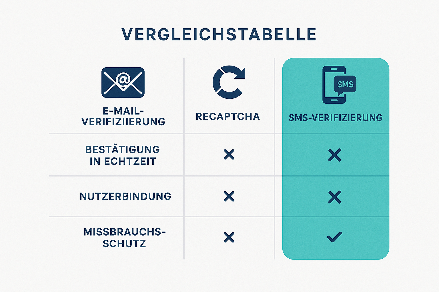 Vergleichstabelle von E-Mail-, ReCAPTCHA- und SMS-Verifizierung mit Vorteilen der SMS-Authentifizierung