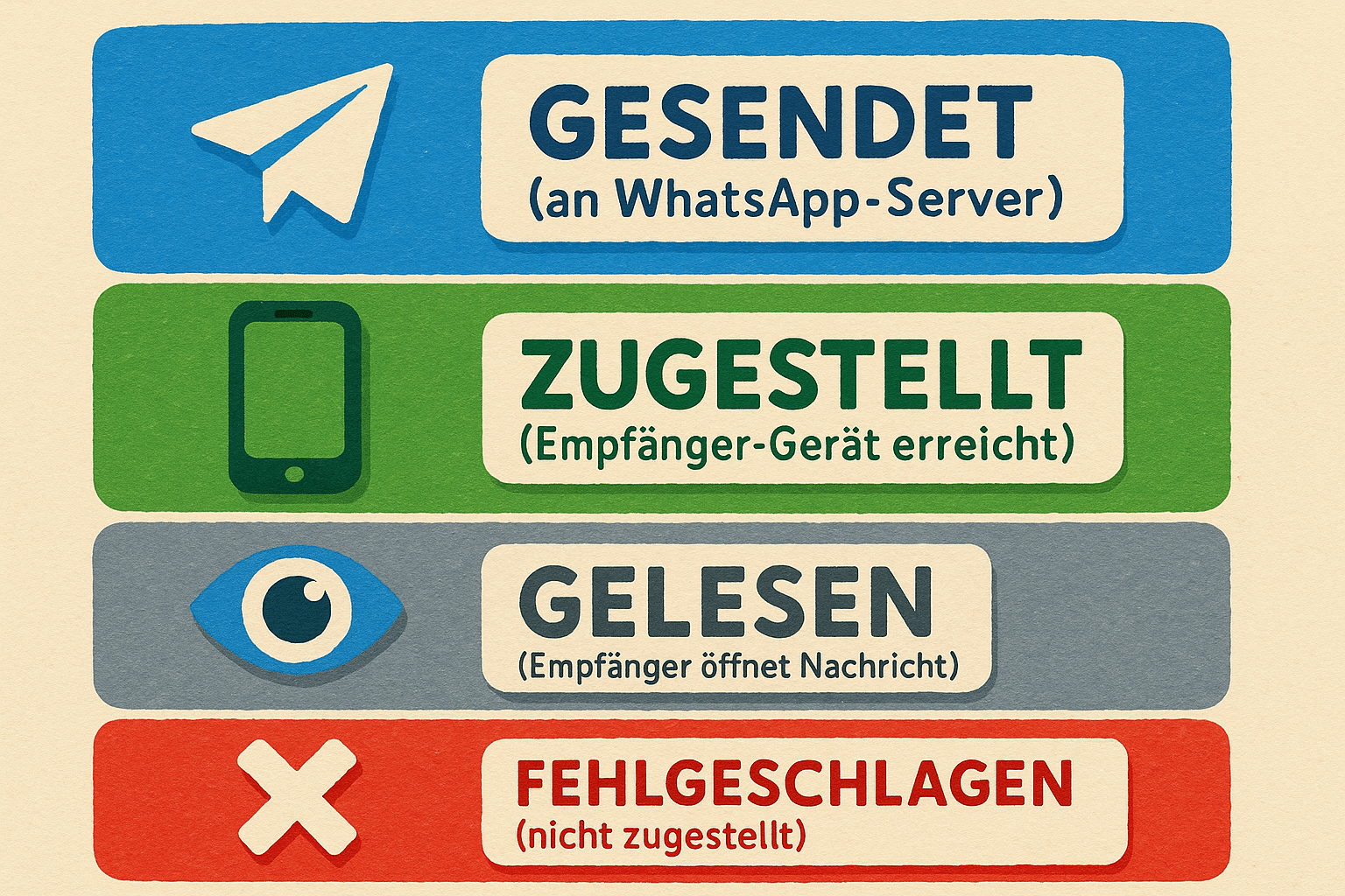 Infografik mit WhatsApp Nachrichtenstatus von gesendet bis gelesen und Fehlermeldungen